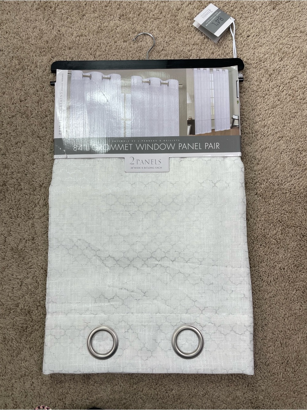 Grommet Window Panel Pair - White with Metallic Silver Pattern